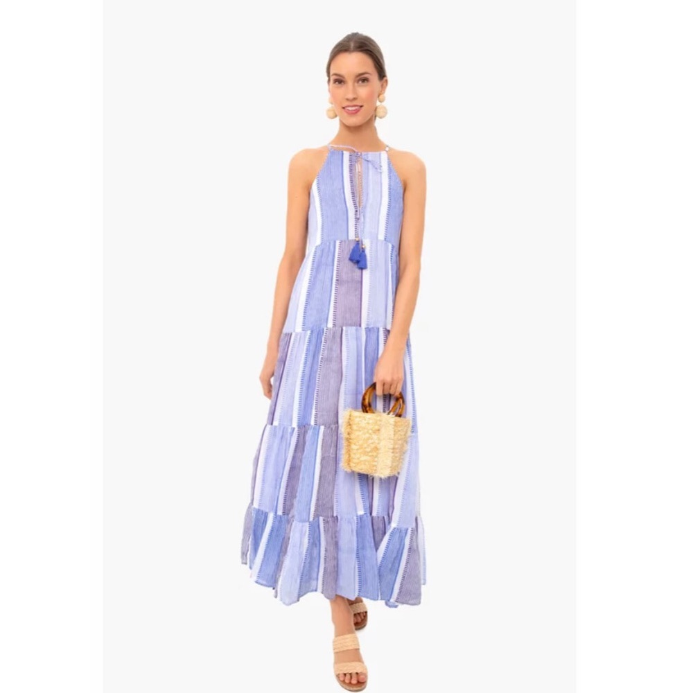Oliphant Anthropologie Camden Long Blue & White Striped Tiered Tassel Dress XS